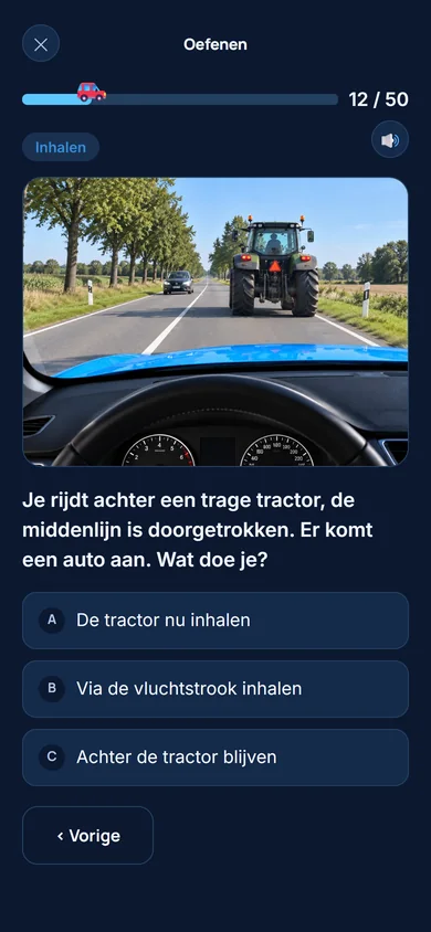 Oefenvraag met beeld, antwoordopties en voortgangsbalk